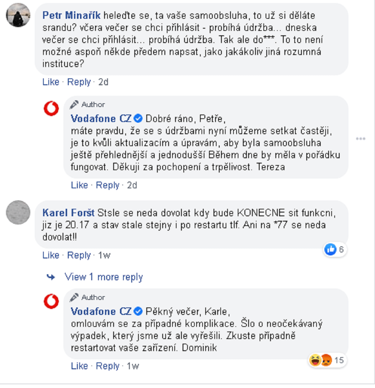 Komentáře na Facebookovém profilu Vodafone