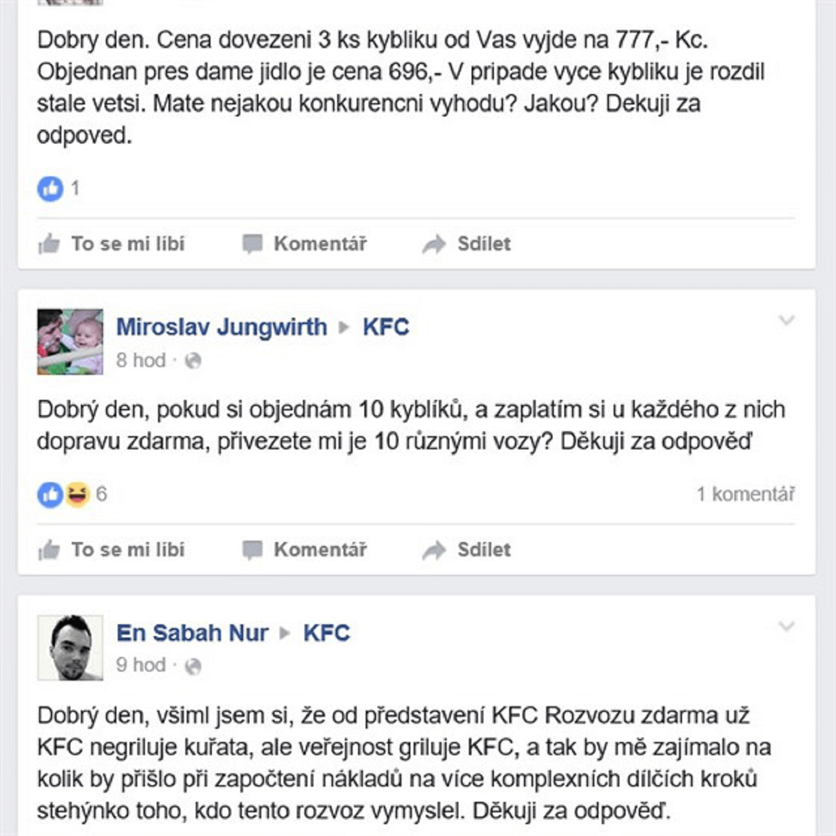 Komentáře na Facebookovém profilu KFC
