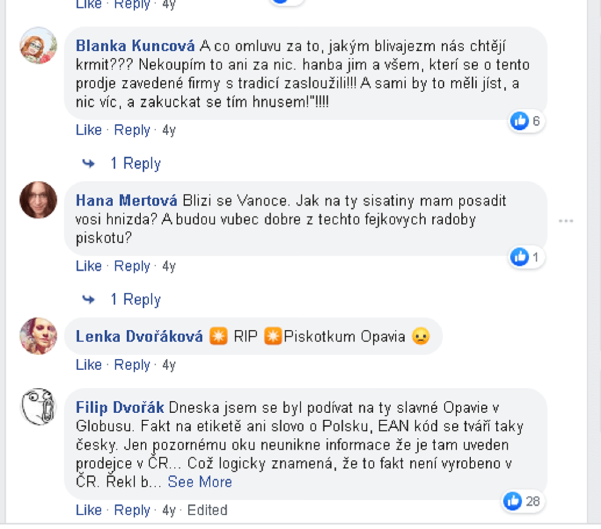 Komentáře na Facebookovém profilu Opavia
