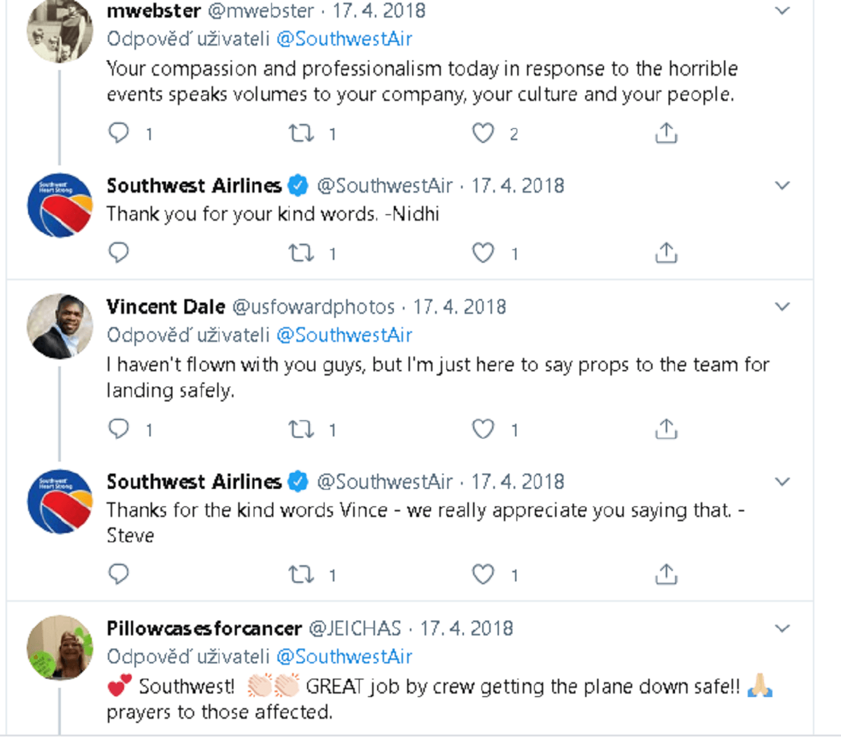 Komentáře na Twitterovém účtu Southwest Airlines